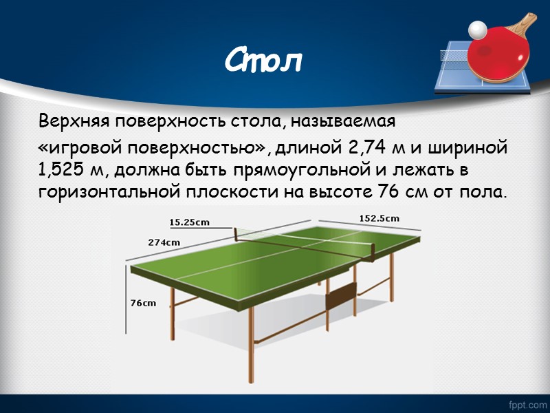 Стол  Верхняя поверхность стола, называемая   «игровой поверхностью», длиной 2,74 м и